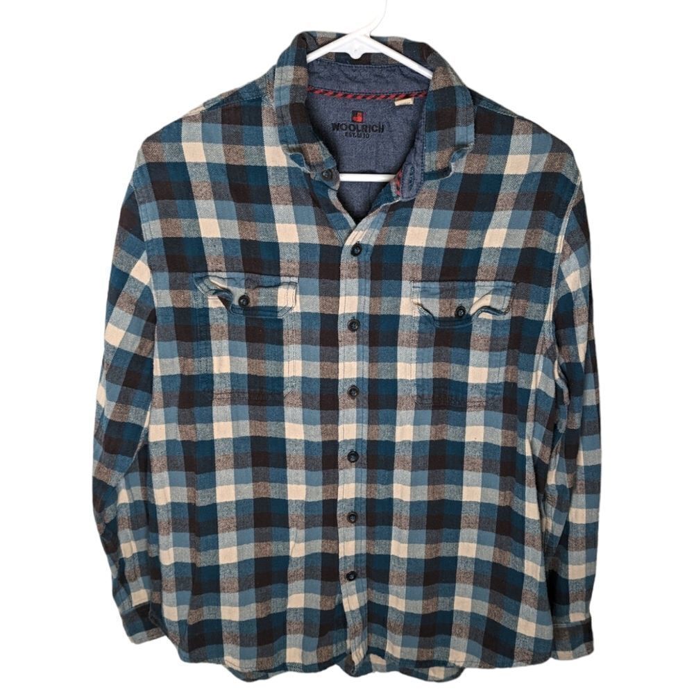 Woolrich Women's Check Plaid Flannel Shirt Button Up Blue Gray White Size Large